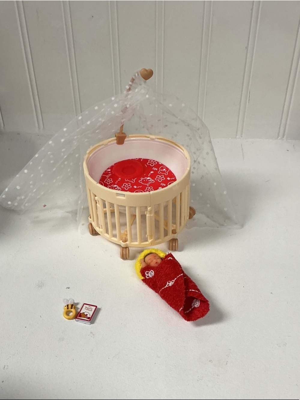 Kids Doll Crib Playset with Red Swaddle and Canopy